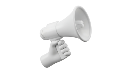 White hand holding megaphone against black background