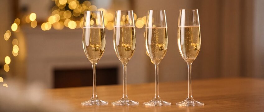 Four elegant flutes of sparkling wine ready for a festive holiday celebration