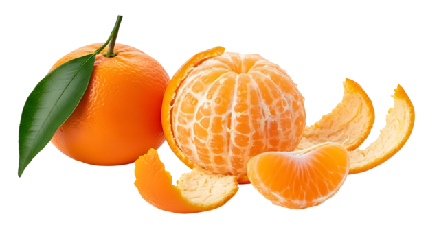 Fresh peeled mandarin orange with leaves and segments