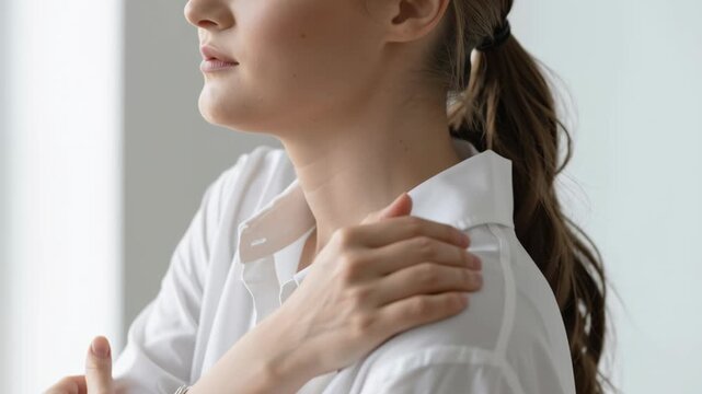 Physical therapy Posture correction Ergonomics Woman in white shirt embraces shoulder, showcasing comfort and relaxation, promoting health, well being, and improved posture while reducing strain