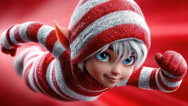 Cute animated elf boy in a red and white striped winter suit flying like a superhero. A magical helper character soaring with a determined expression for a festive Christmas holiday theme