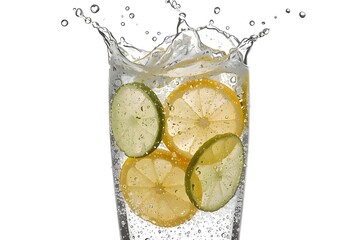 Dynamic Sparkling Water with Lemon and Lime &mdash; Mid-Splash Action, Ultra-Detailed Bubbles, and Bright Refreshing Studio Shot