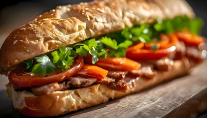 Authentic Vietnamese Banh Mi &mdash; Crackling Baguette Close-Up with Fresh Herbs and Pickled Vegetables