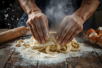 Artisan Pasta Dough in Action &mdash; Hands Shaping Dough with Flour Clouds, Rolling Pin, and Rustic Cooking Scene