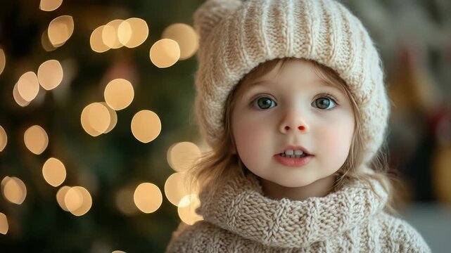 Cute little girl wearing a knitted hat and sweater reciting a Christmas poem with expressive emotions, with a beautifully decorated tree with warm bokeh lights creating a magical atmosphere