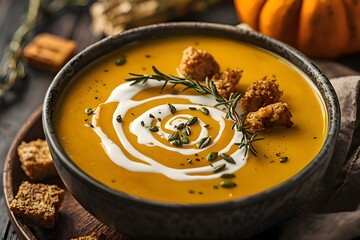 Creamy Roasted Pumpkin Soup &mdash; Coconut Cream Swirl, Croutons, Seeds, and Warm Cozy Food Photography
