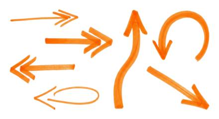 Hand-drawn directional icons in vivid orange hue, conveying various paths and navigation options,
