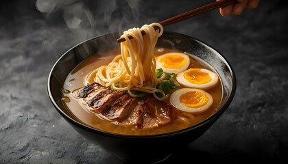 Cinematic Japanese Ramen &mdash; Golden Broth, Lifted Noodles, Rising Steam, and Premium Chashu Detail
