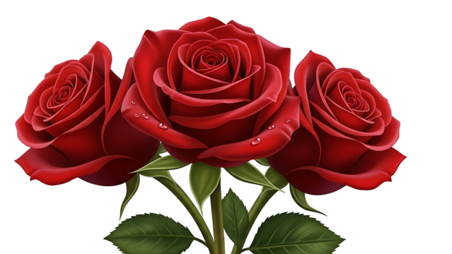 Three vibrant red roses with water droplets