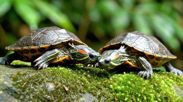 Two tortoise babies facing each other on a mossy rock with green blurred background