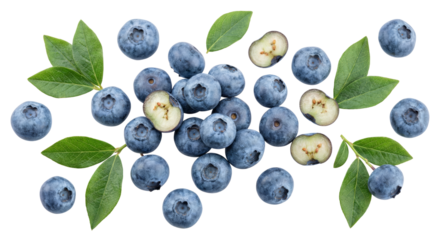 A vibrant array of fresh blueberries and verdant leaves, scattered artfully for culinary themes