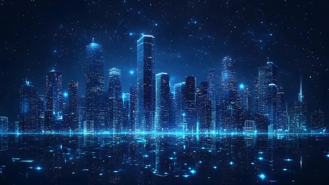 A futuristic cityscape glows with bright light against a backdrop of stars. A connected wireframe poly line animation weaves across the skyline, creating a modern and high tech aesthetic.