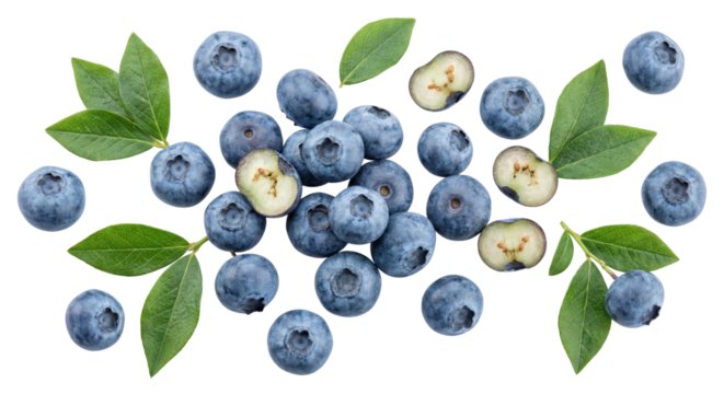 A vibrant array of fresh blueberries and verdant leaves, scattered artfully for culinary themes