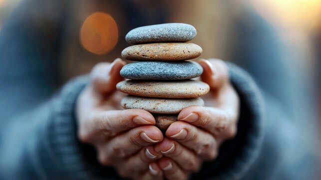 A woman's hands carefully hold a stack of smooth stones, creating a balanced tower. The background is softly blurred, with a warm, natural light.