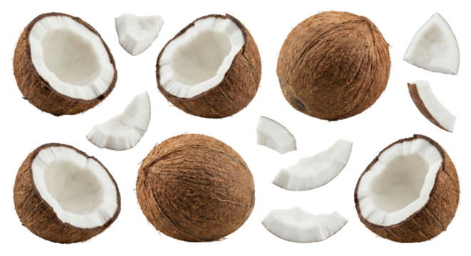 Tropical delight whole and halved coconuts with pieces creating a refreshing composition on an