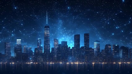 A futuristic city skyline at night with connected wireframe poly lines animating across the buildings. The scene evokes technology, connectivity, and a modern urban environment at dusk. Night scene. - Powered by Adobe