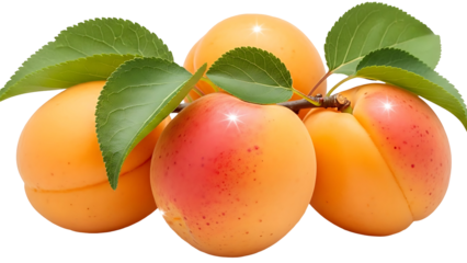 Fresh ripe apricots with green leaves on black background