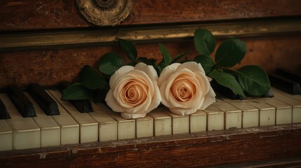 Beautiful peach roses on old piano keyboard with green leaves