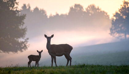 朝の光に佇む鹿,霧の朝の鹿,　AI生成画像