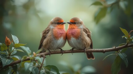 Two birds sitting on a branch, beak to beak, in a forest