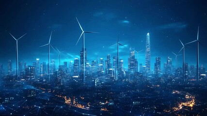 Futuristic cityscape with connected wireframe poly line animation showcases a modern city skyline at night, illuminated by digital networks. Wind turbines offer a clean energy vision, lights sparkle - Powered by Adobe