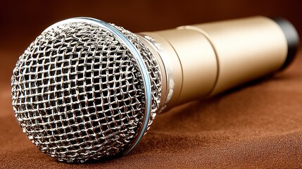 &ldquo;Voice of Gold&rdquo; close-up: matte gold head & reflective metal grill, brown gradient, ideal for podcast cover, luxury brand hero, motivational card