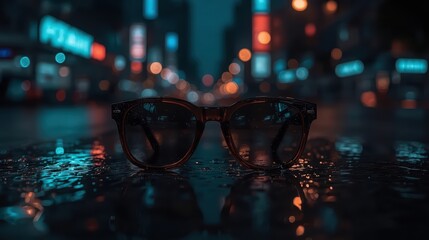 Glasses on wet city street at night with blurred colorful lights background