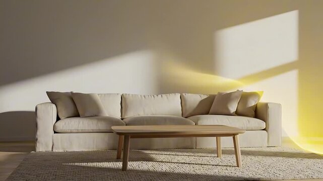Modern living room with a cozy sofa illuminated by vibrant ambient LED light waves for mood-enhancing dopamine concept and smart home wellness