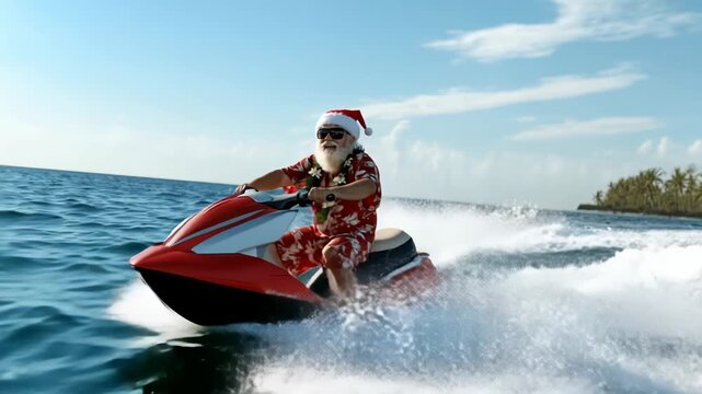 Santa Claus in sunglasses and a Hawaiian shirt rides a jet ski across a sunny tropical ocean, celebrating Christmas and New Year on a fun, beachside vacation adventure