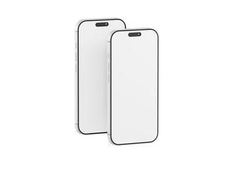 Two modern white smartphones on white background. Blank screens ready for your design. Technology concept, mock
