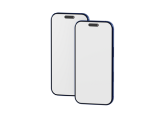 Two smartphones with blank white screens side by side, perfect for displaying app designs or website layouts.