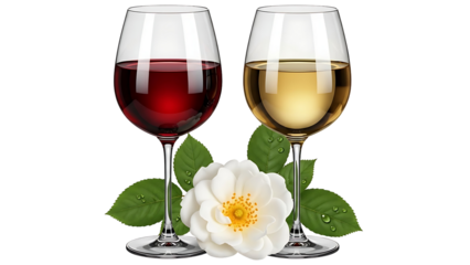 Two wine glasses with rose and leaves