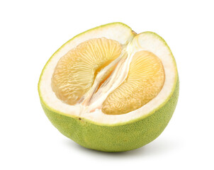 Pomelo fruit half cut isolated on white.