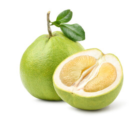 Pomelo with half cut isolated on white background.