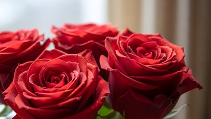 Fototapeta premium Luxurious red roses bloom with velvety petals, evoking romance and passion in soft light.