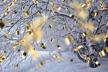 Obraz premium christmas confetti holiday background, winter landscape outdoor, new year