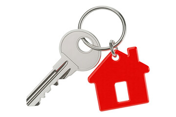 Silver key with red house keychain isolated on white background