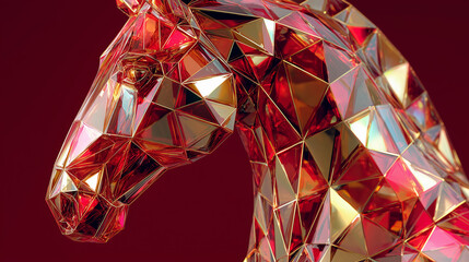 Red polygonal horse illustration with golden glitter on festive dark background