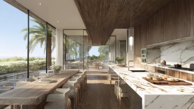 Brightly Lit Modern Kitchen Interior With Wood Accents Marble Countertops and an Ocean View With Palm Trees Outside From Glass Windows Architecture