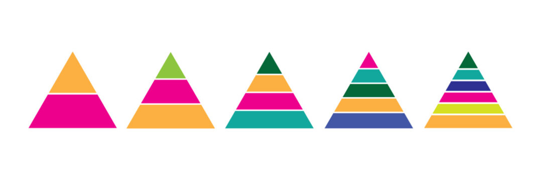 Levels of triangular pyramid icon set. Triangle pyramid chart collection. Maslow layer diagram. Development level infographic. Business graph. Vector illustration isolated on white background