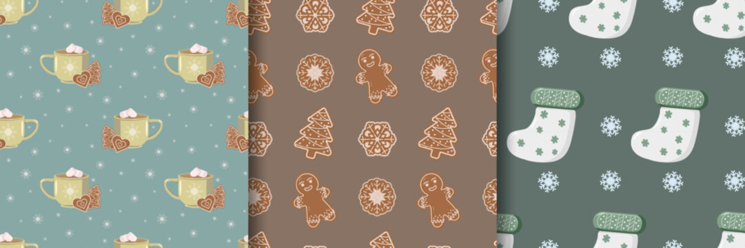 Set of three Christmas wrapping paper patterns teal with yellow mugs and gingerbread cookies, brown with gingerbread men and snowflake cookies, and muted green with white stockings and snowflakes