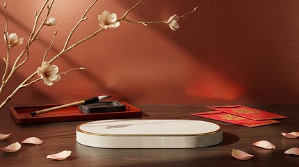 Elegant Lunar New Year and Tet celebration display with golden blossom branches, traditional calligraphy brush, and auspicious red envelopes on a wooden table, perfect for product showcase.