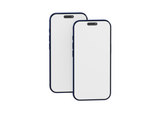Two smartphones isolated on white background with copy space screens ready to display your apps or branding.