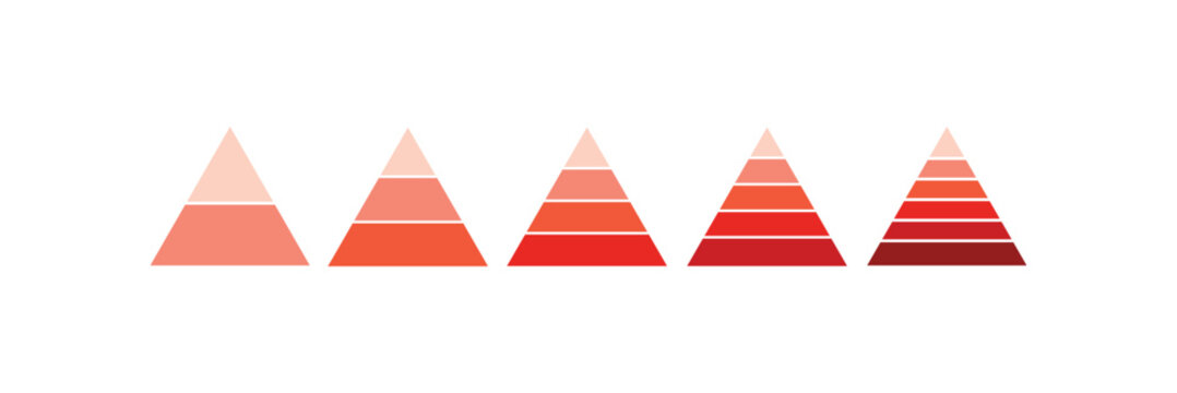 One to six levels of Pyramid infographic orange set. Triangle hierarchy data segments collection. Vector business illustration isolated on white