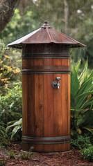 Fototapeta premium Rustic wooden rain barrel stands in garden, collecting rainwater from falling drops on metal roof, spigot attached.