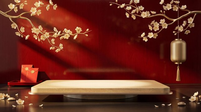 Vibrant Red and Gold New Year Stage with Cherry Blossoms, Traditional Lantern, and Lucky Envelopes for Product Presentation, Asian Lunar New Year Celebration