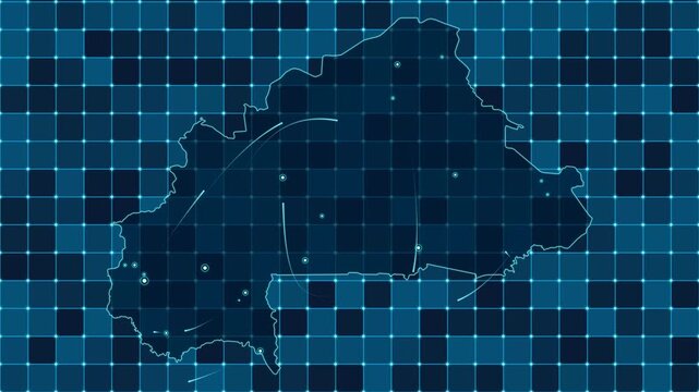 Digital grid map animation of Burkina Faso, Technology, Communication, Transportation