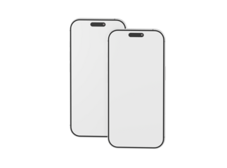 Two modern white smartphones with blank screens, perfect for showcasing app interfaces or design concepts. Idea