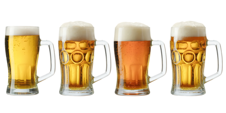 Four tall beer mugs filled with frothy beer isolated on white background