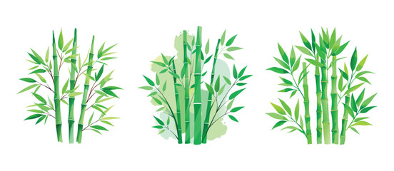 Naklejka premium Three watercolor bamboo stalks with lush green leaves in a serene and natural arrangement 